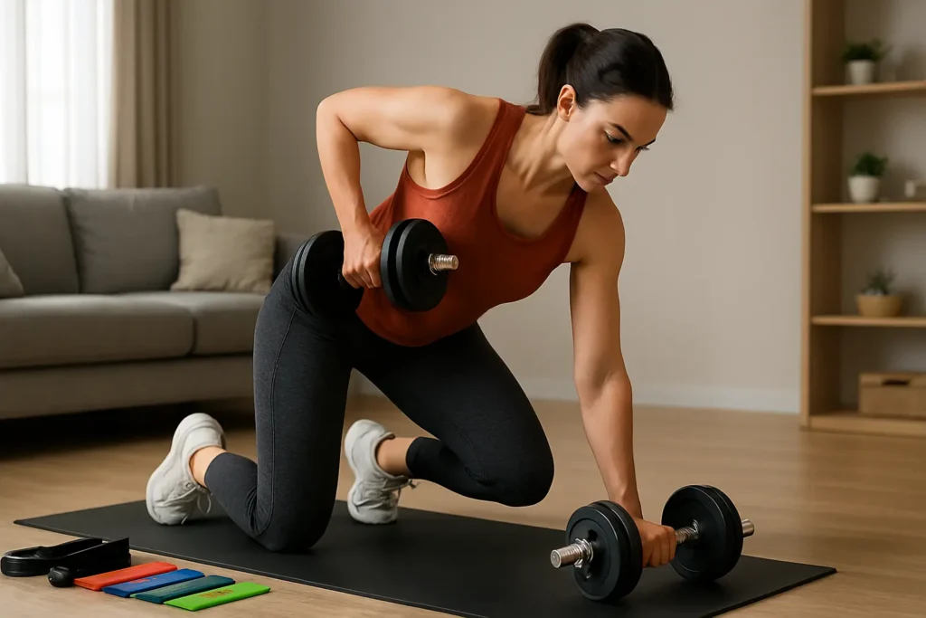 Entrenamiento en casa con mancuernas y bandas de resistencia