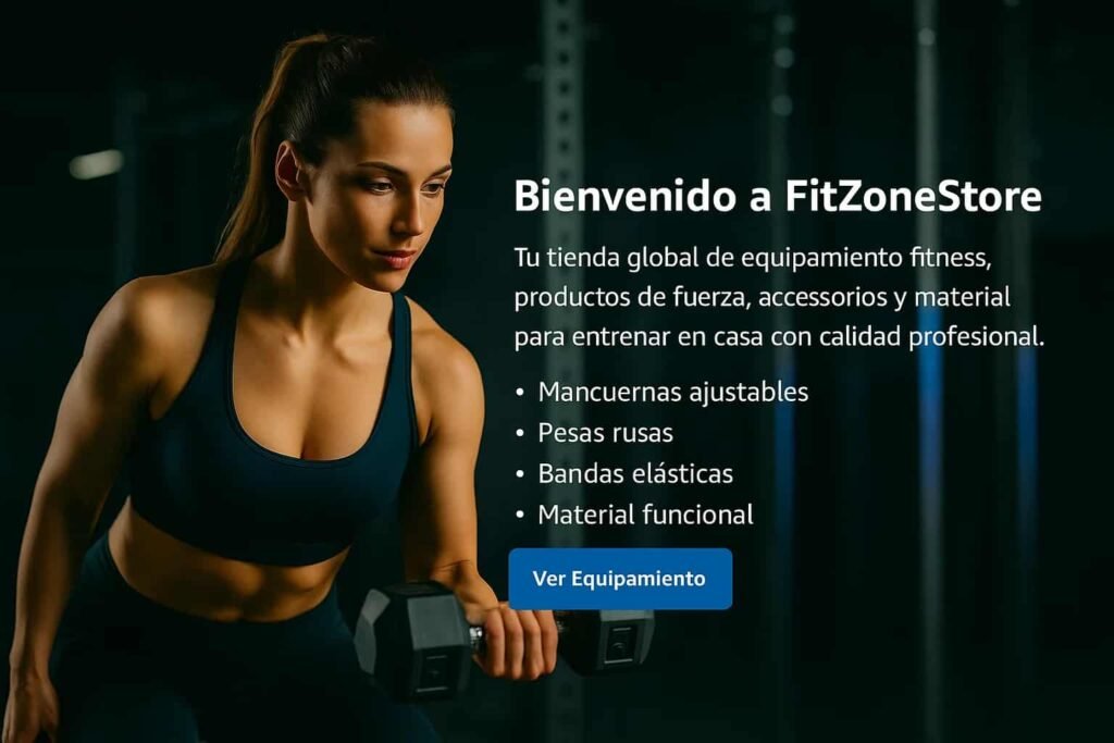 Mujer entrenando con mancuernas en un gimnasio oscuro, imagen principal de FitZoneStore.
